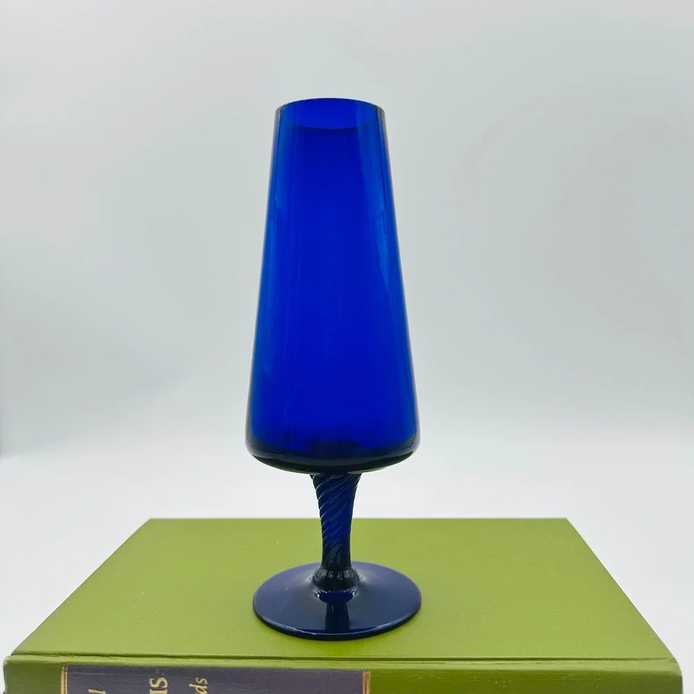Cobalt Blue Art Glass Vase with Twisted Stem MCM Style 8